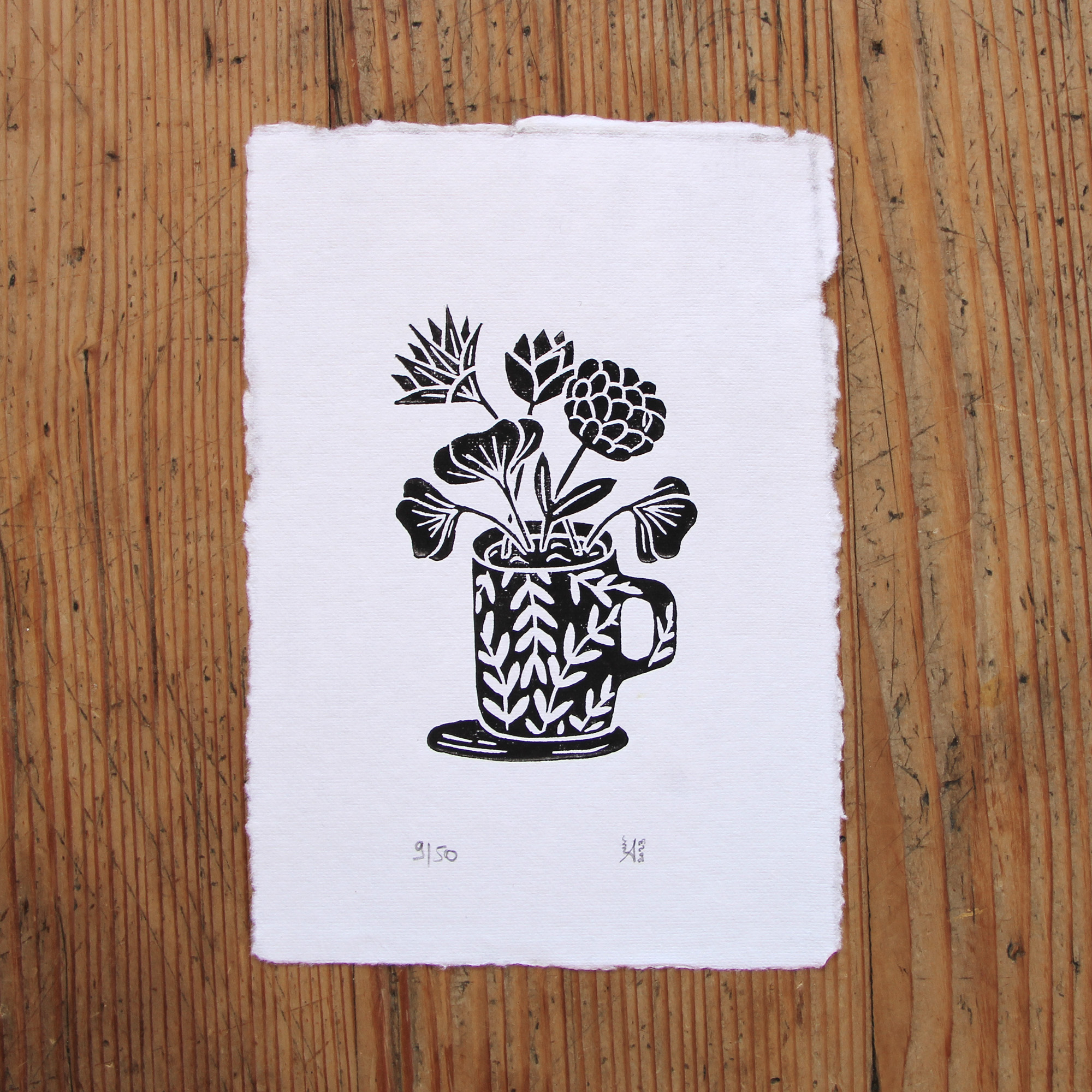Carte imprimée à la main - Linogravure - Tasse de thé fleurie